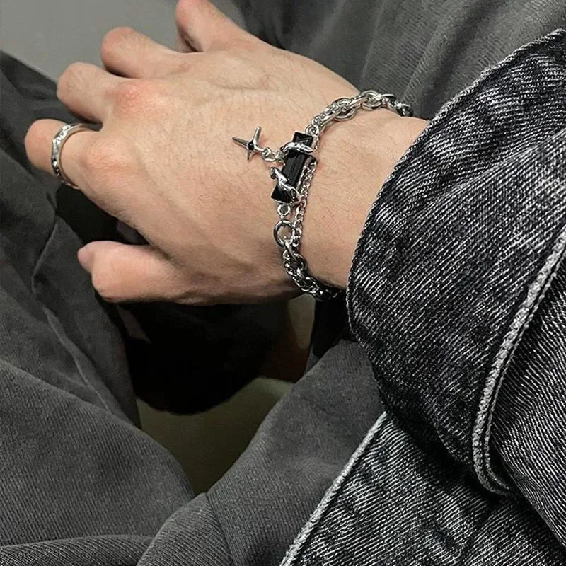 Retro Black Zircon Stainless Steel Chain Bracelet