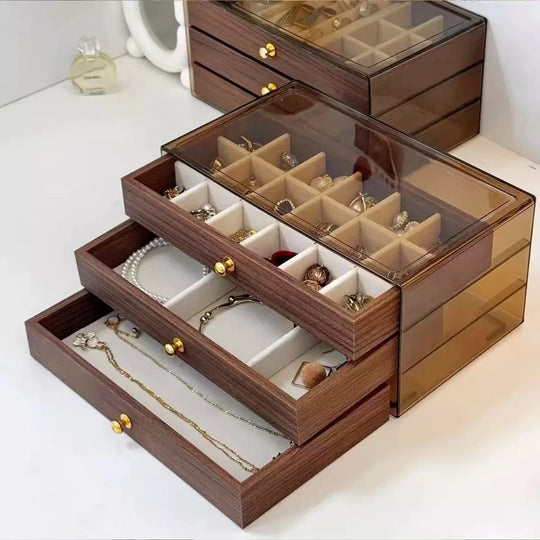 3-Tier Wooden Jewelry Organizer Box with Clear Lid