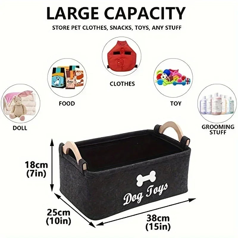 Felt Dog Toy Storage Basket with Wooden Handles