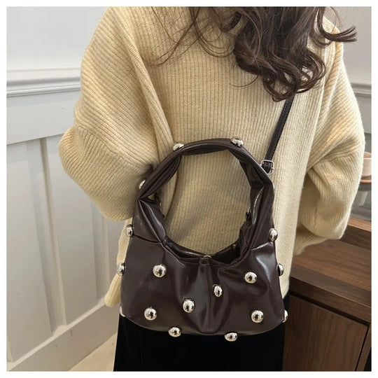 Studded PU Leather Hobo Shoulder Bag for Women