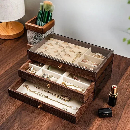 3-Tier Wooden Jewelry Organizer Box with Clear Lid