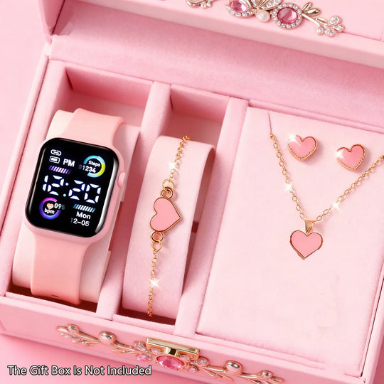 6-Piece Digital Watch &amp; Heart Jewelry Gift Set