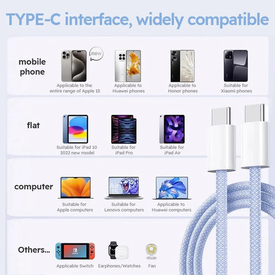 3-Pack 60W Braided USB-C to USB-C Cables