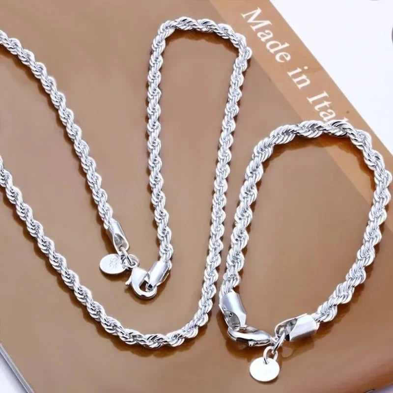 925 Sterling Silver Rope Chain Necklace &amp; Bracelet Set