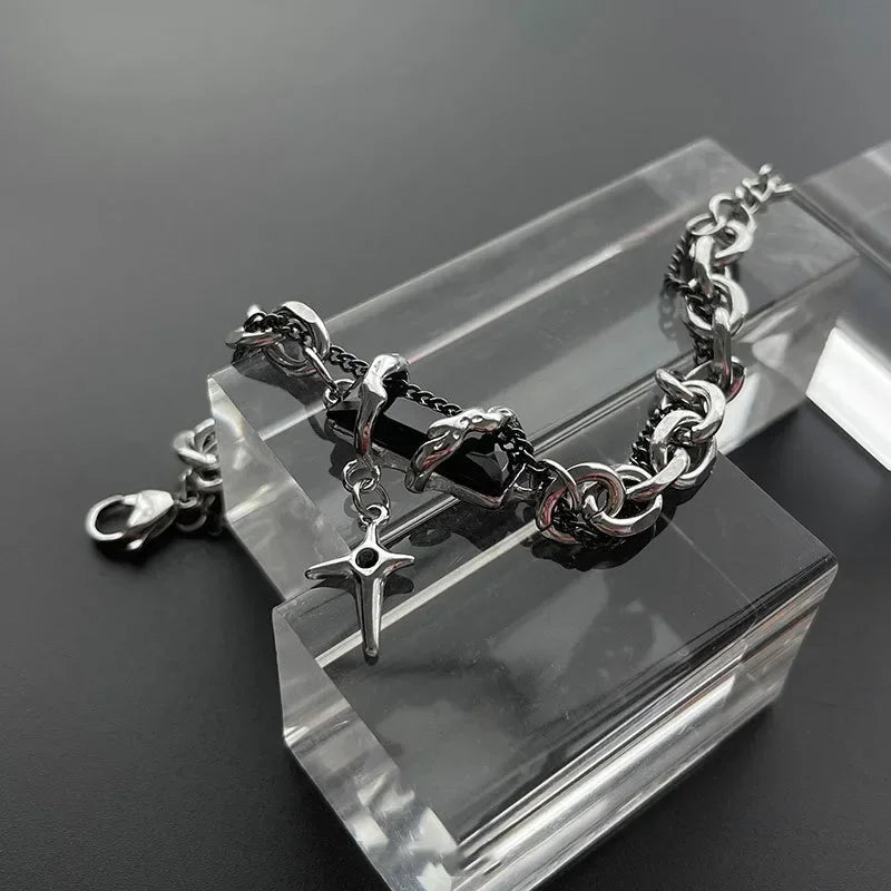 Retro Black Zircon Stainless Steel Chain Bracelet