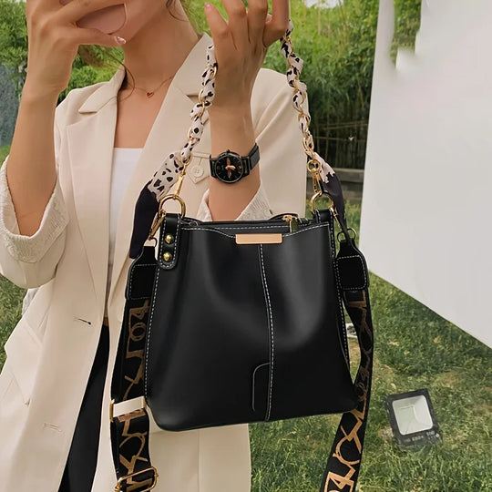 Luxury Bucket Shoulder Bag with Chain Scarf Strap