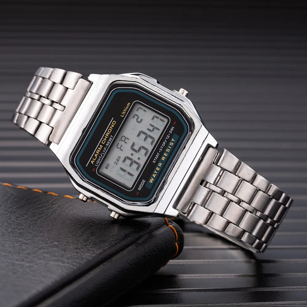Vintage Digital LED Watch with Stainless Steel Bracelet