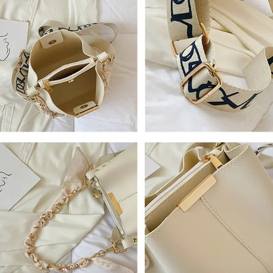 Luxury Bucket Shoulder Bag with Chain Scarf Strap
