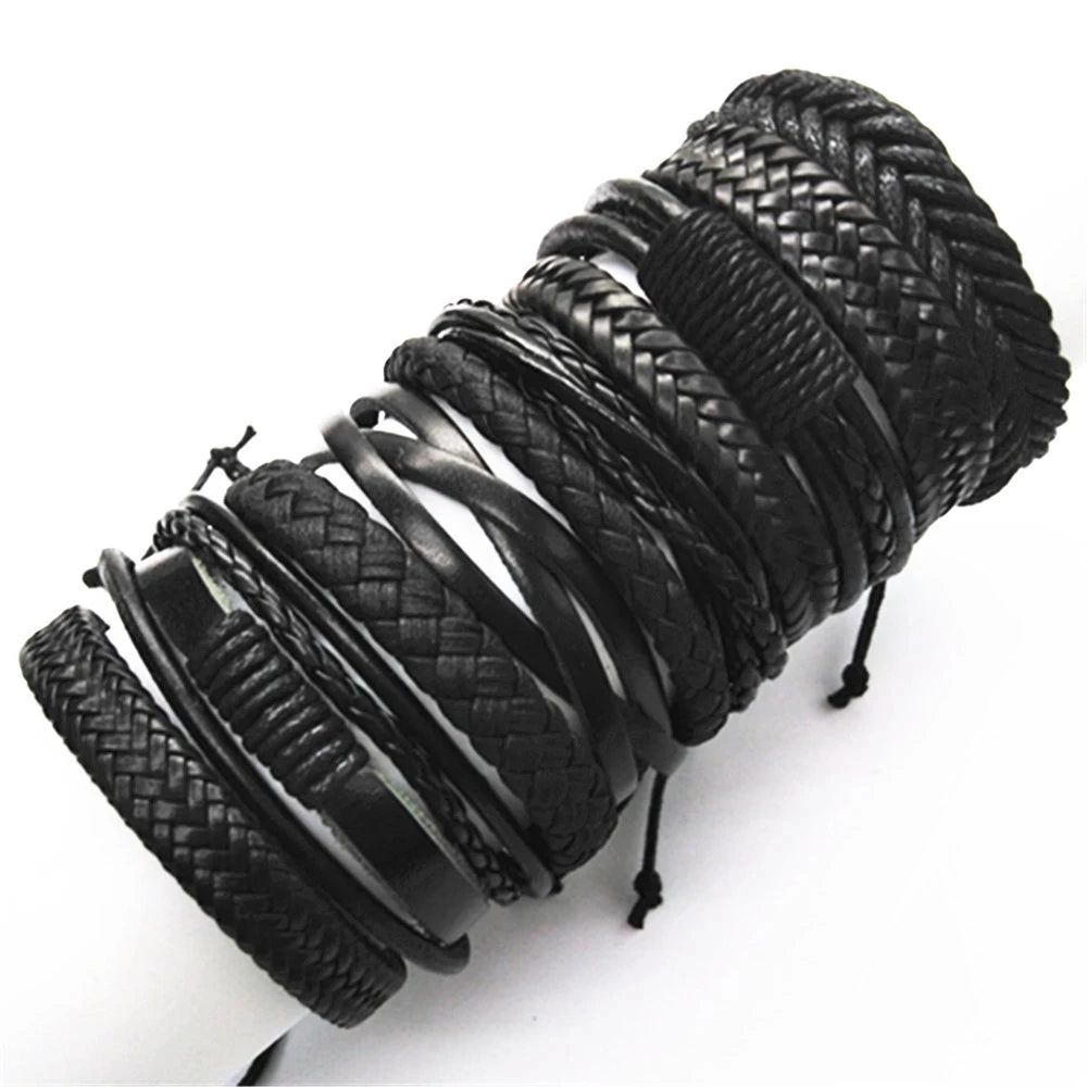 10-Piece Black Braided Leather Wrap Bracelet Set