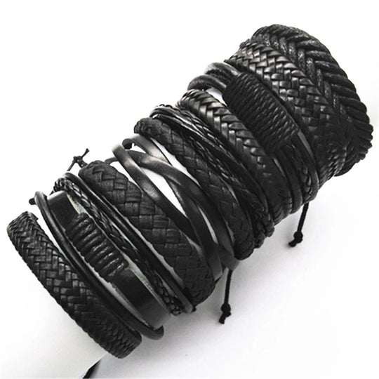 10-Piece Black Braided Leather Wrap Bracelet Set