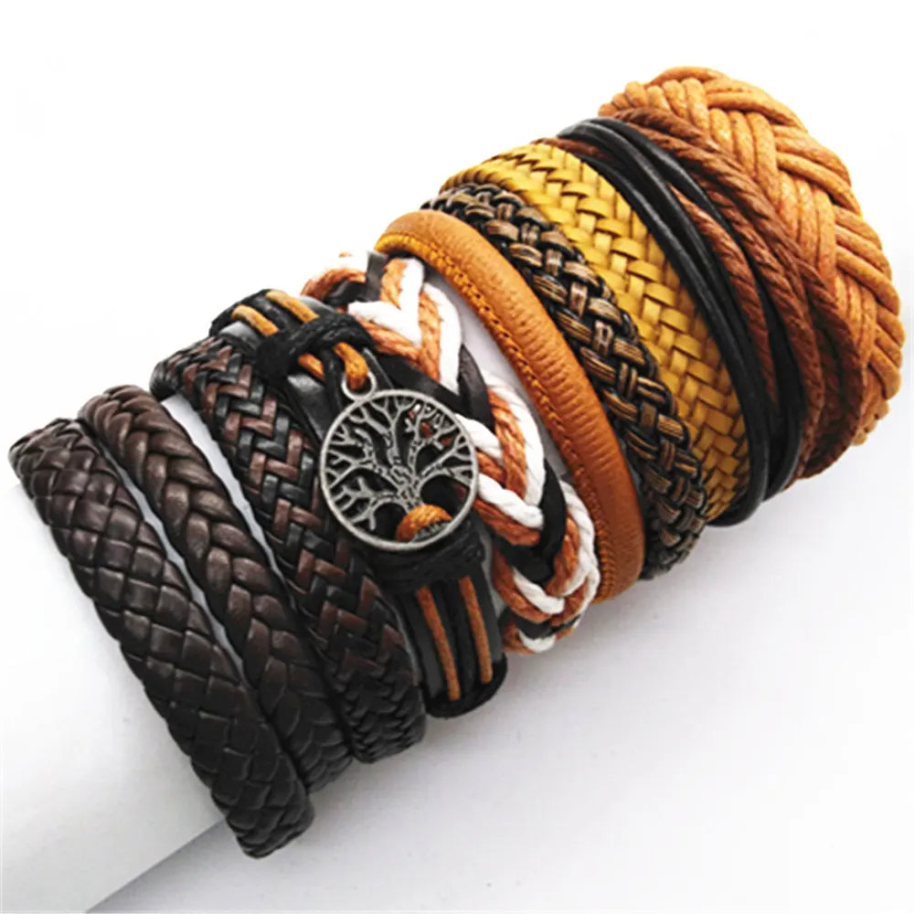 10-Piece Black Braided Leather Wrap Bracelet Set