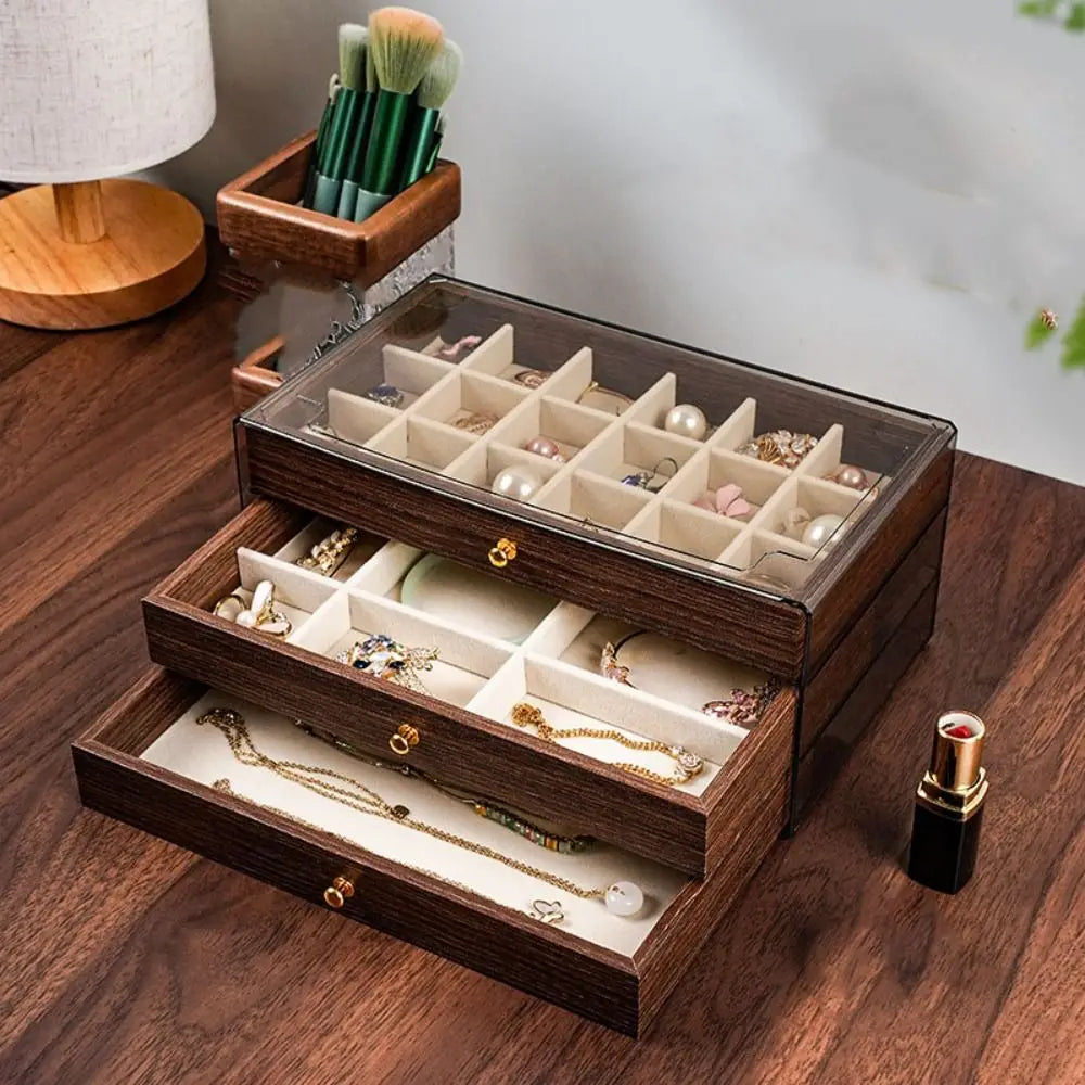 3-Tier Wooden Jewelry Organizer Box with Clear Lid