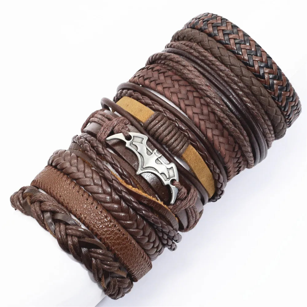 10-Piece Black Braided Leather Wrap Bracelet Set
