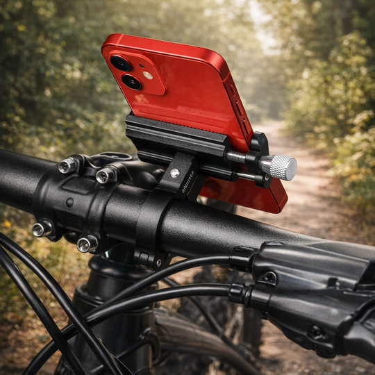 Red phone case with a black bike mount on a bicycle handlebar, with a blurred natural background.