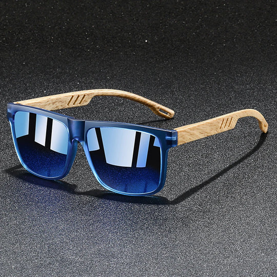 Vintage Square Mirror Sunglasses with Wood-Style Temples