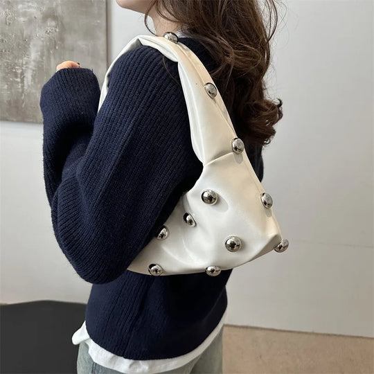 Studded PU Leather Hobo Shoulder Bag for Women