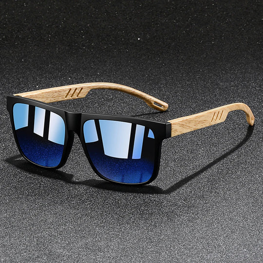 Vintage Square Mirror Sunglasses with Wood-Style Temples