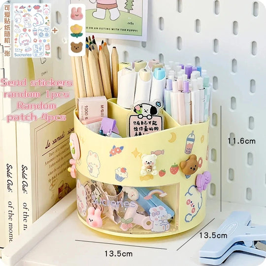 Cute Rotating Pen Holder with Drawer Storage Organizer