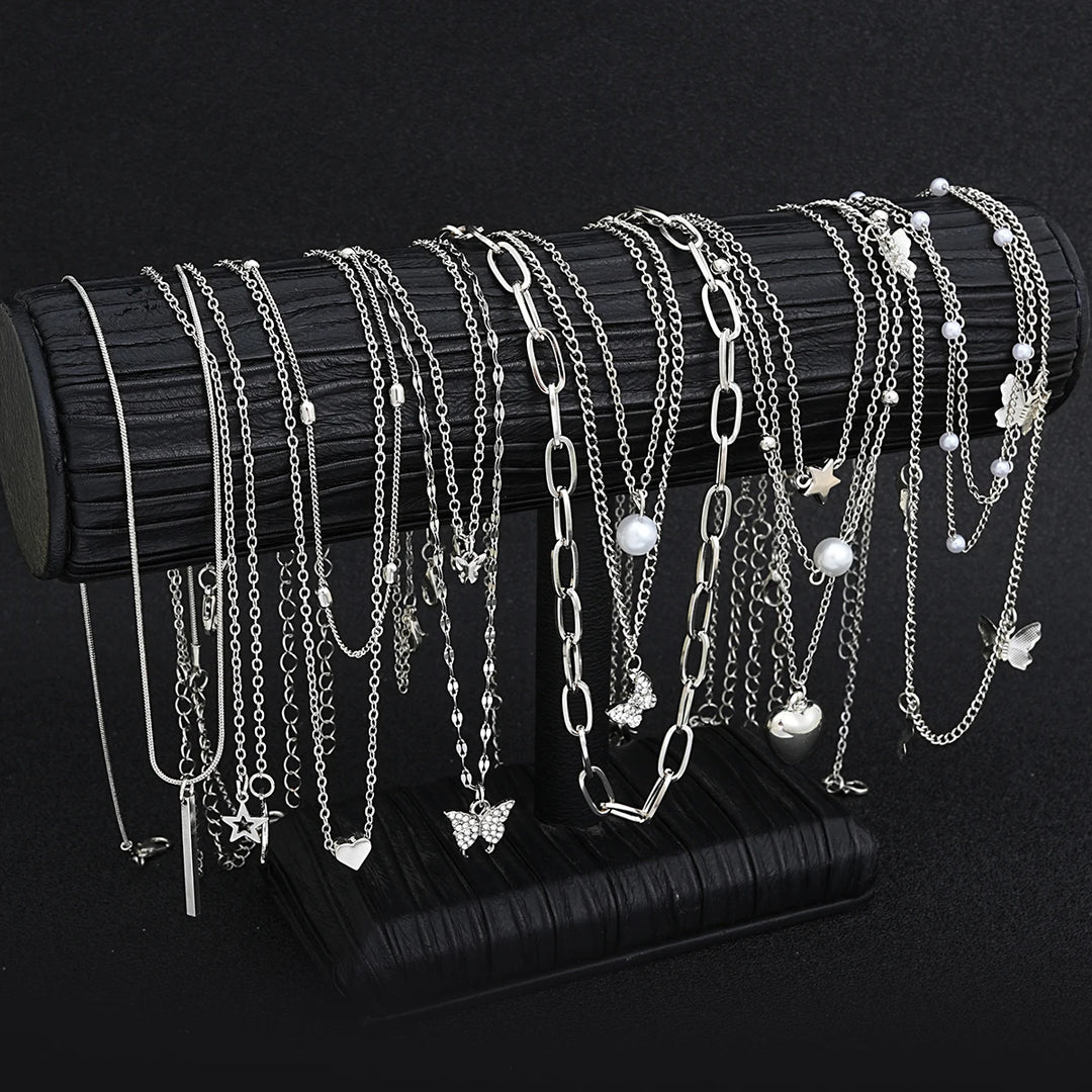 13-Piece Silver Tone Charm Necklace Set for Women