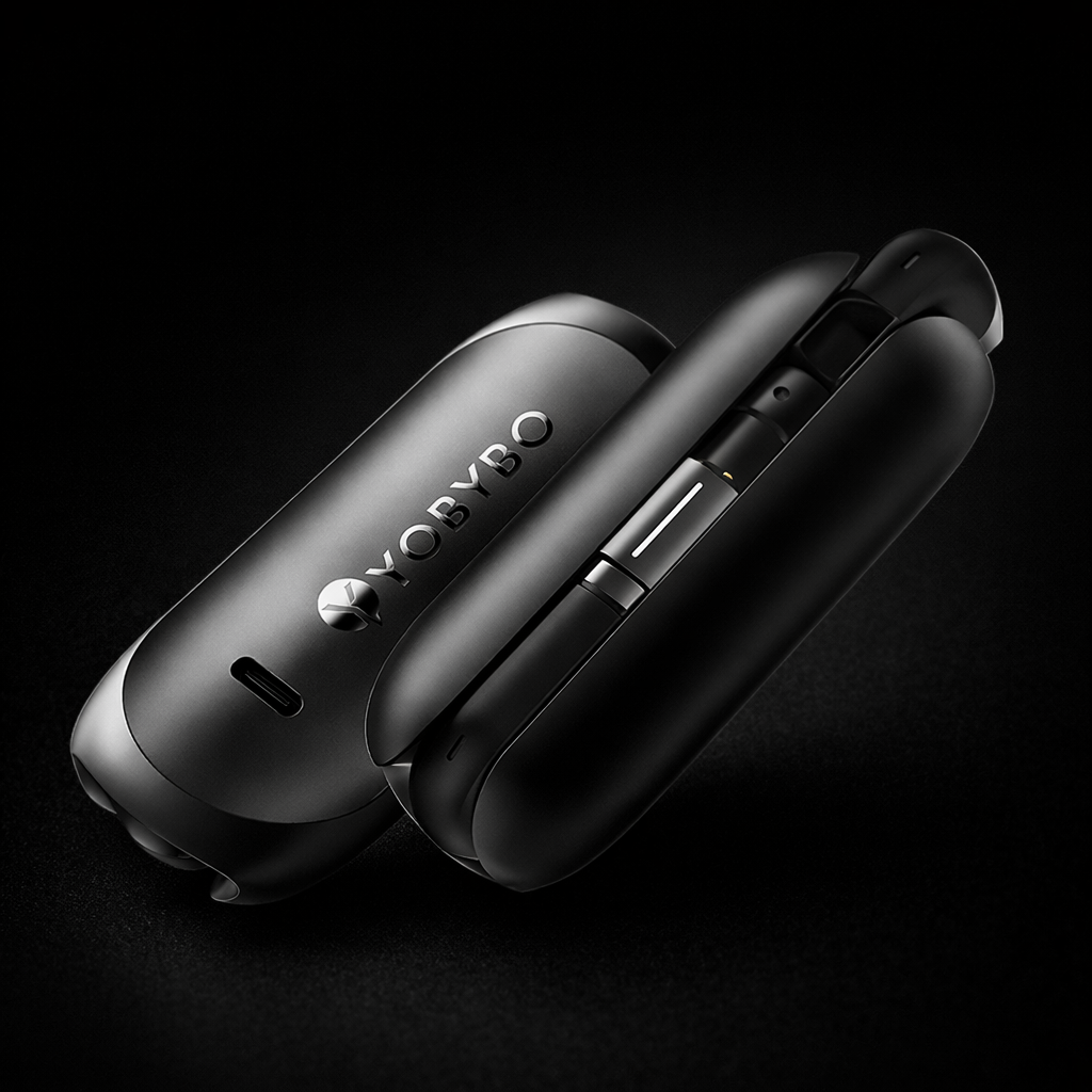 Black electronic device with a brand logo on a dark background