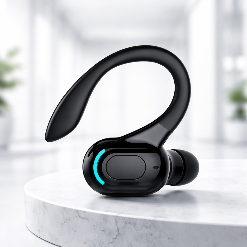 Black wireless earbud headset on a white surface with a blurred background