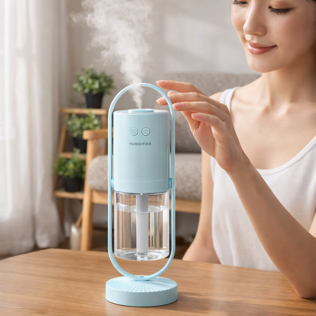 Person using a portable humidifier on a wooden table with a blurred indoor background