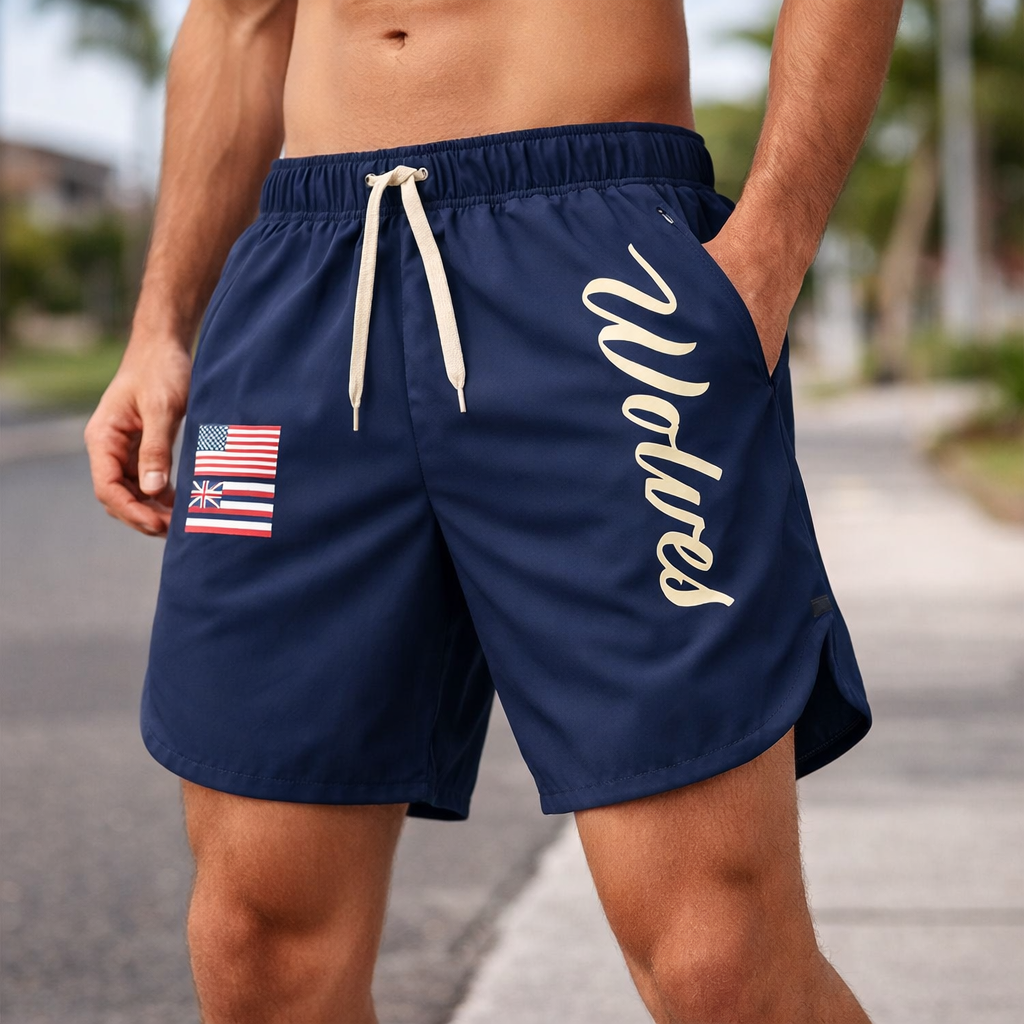 Men’s navy Wolves quick-dry performance shorts with USA and UK flag patch on model outdoors.