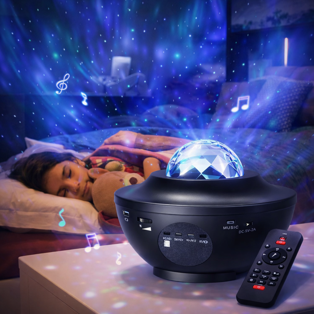 Black night light projector with remote control on a table, projecting starry lights in a bedroom.
