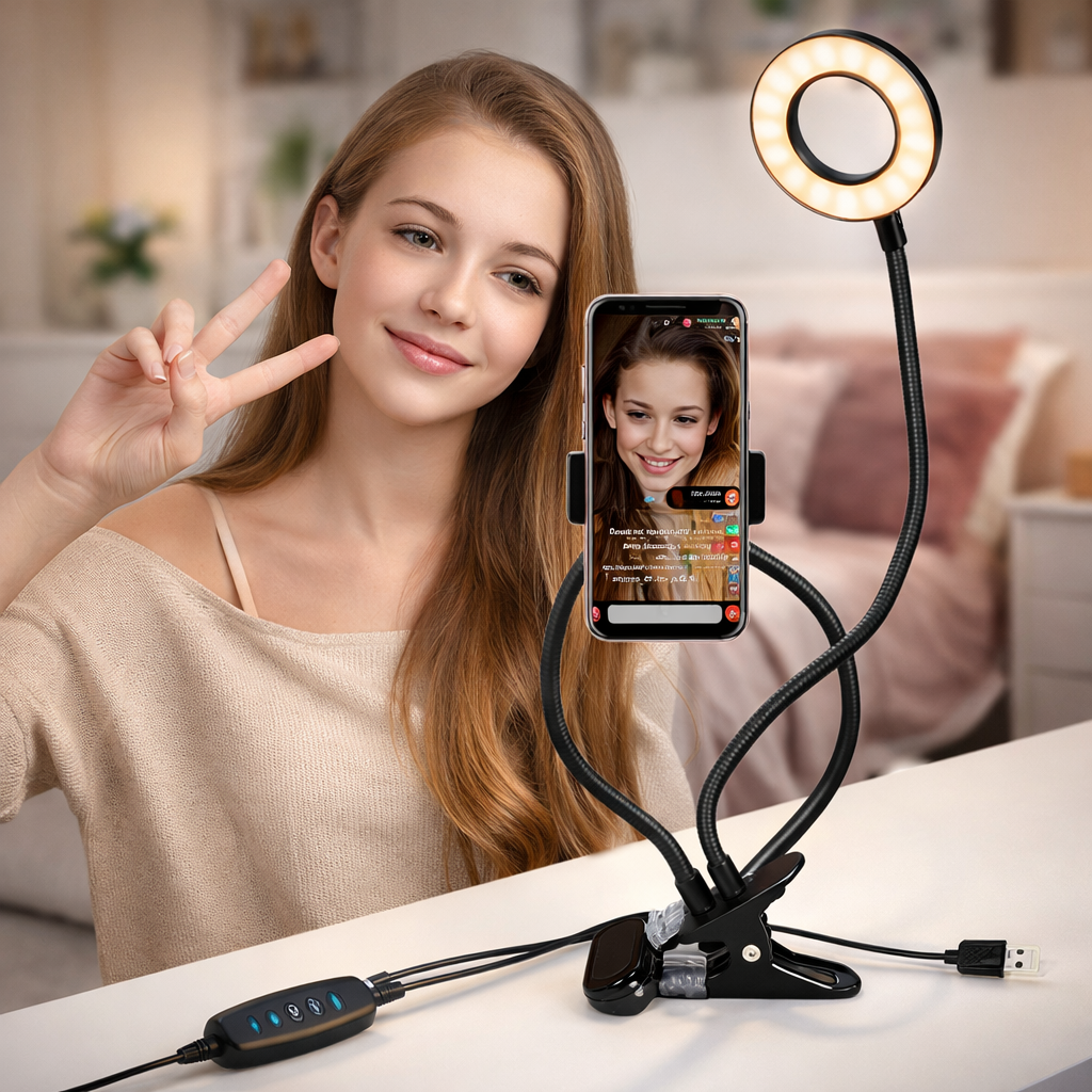 A teen aged influencer using a Clip-On Selfie Ring Light with Phone Holder for social media in a living room setting