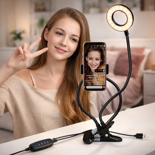 A teen aged influencer using a Clip-On Selfie Ring Light with Phone Holder for social media in a living room setting