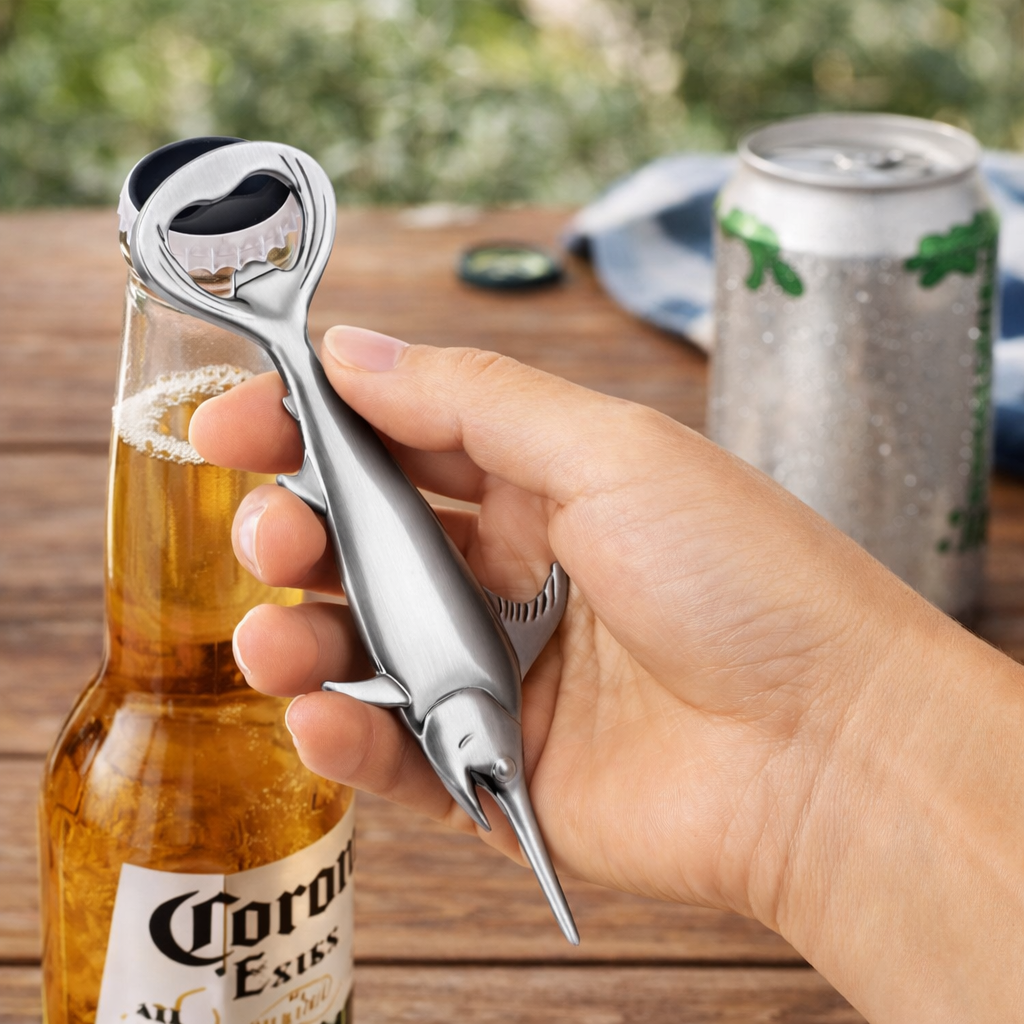 Swordfish metal bottle opener opening a beer bottle