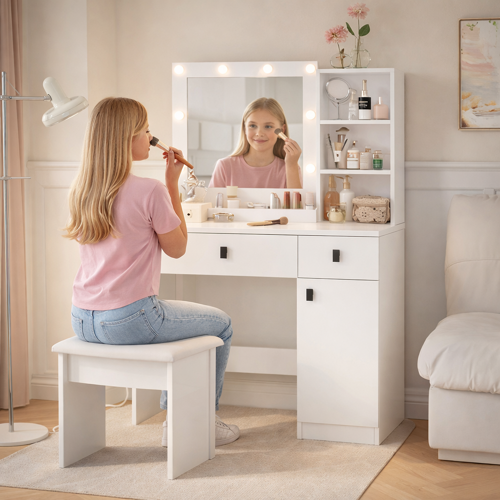 Teenager applying makeup in front of a white vanity mirror with lights, sitting on a stool.
