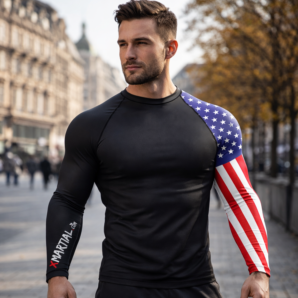 Male athlete wearing American Warrior performance long sleeve with USA flag sleeve – XMARTIAL.