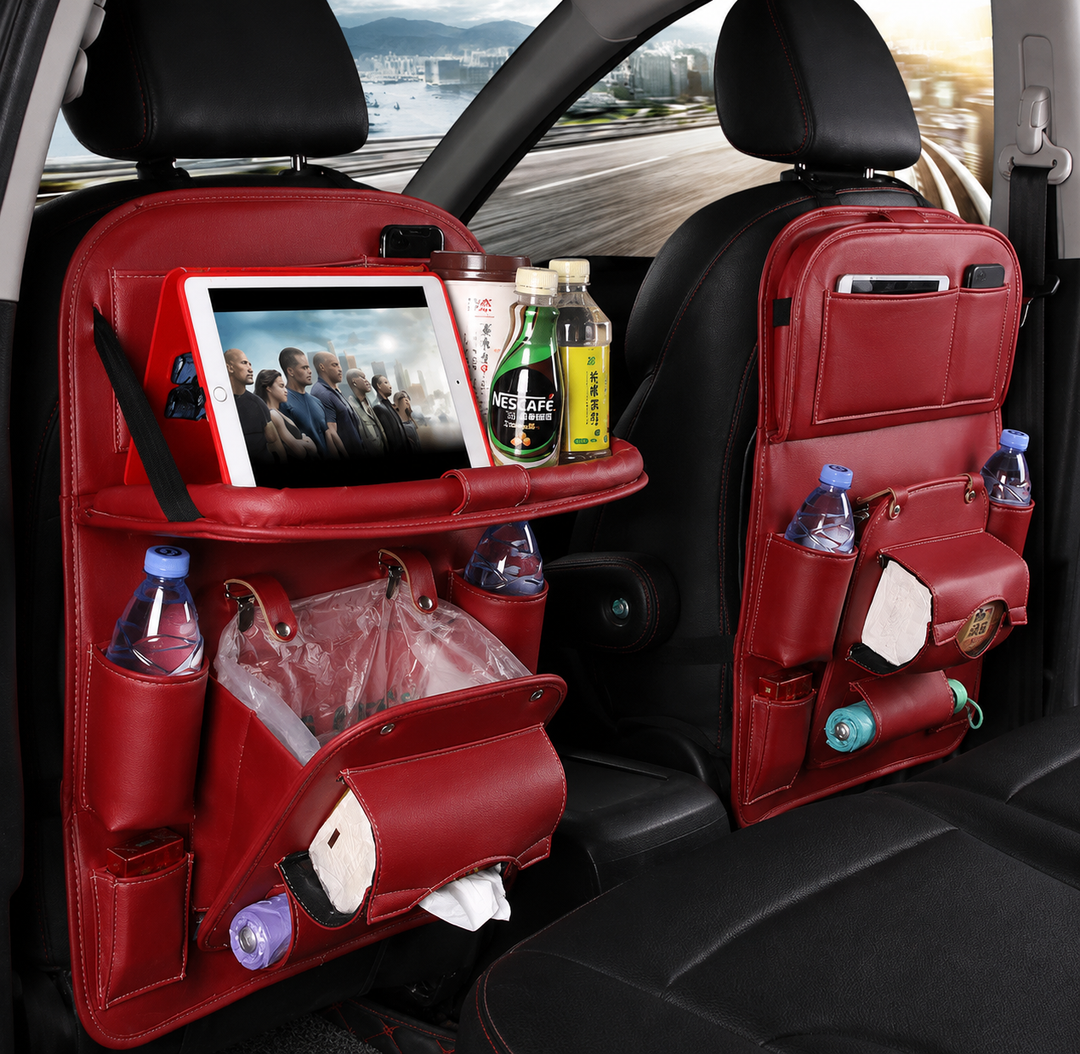 PU Leather Car Seat Organizer with Tray &amp; Trash Pocket