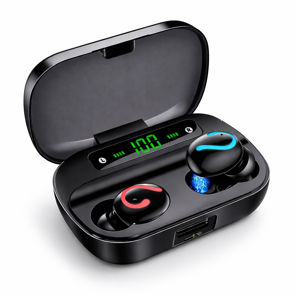 Black wireless earbuds with charging case on a white background