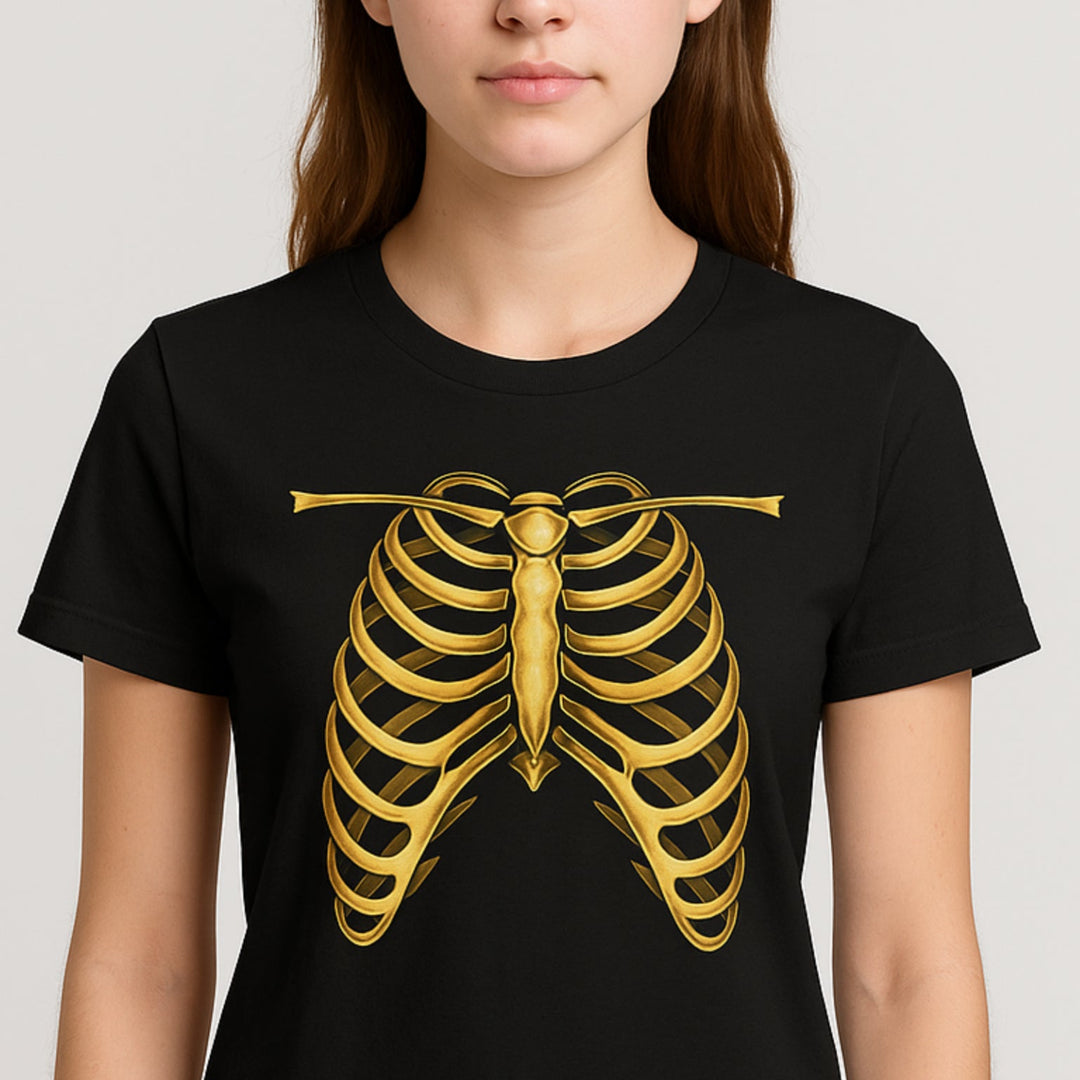 Person wearing a black t-shirt with a gold ribcage design on a plain background