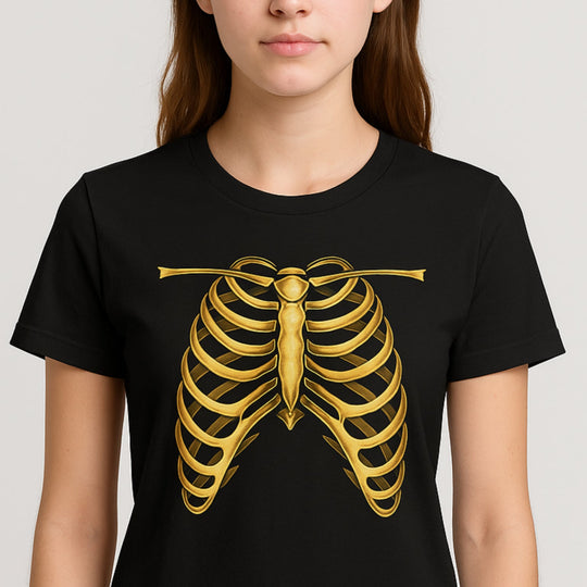 Person wearing a black t-shirt with a gold ribcage design on a plain background