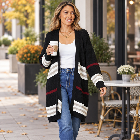 Women’s Striped Long Open-Front Knit Cardigan