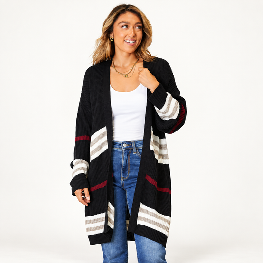 Women’s Striped Long Open-Front Knit Cardigan