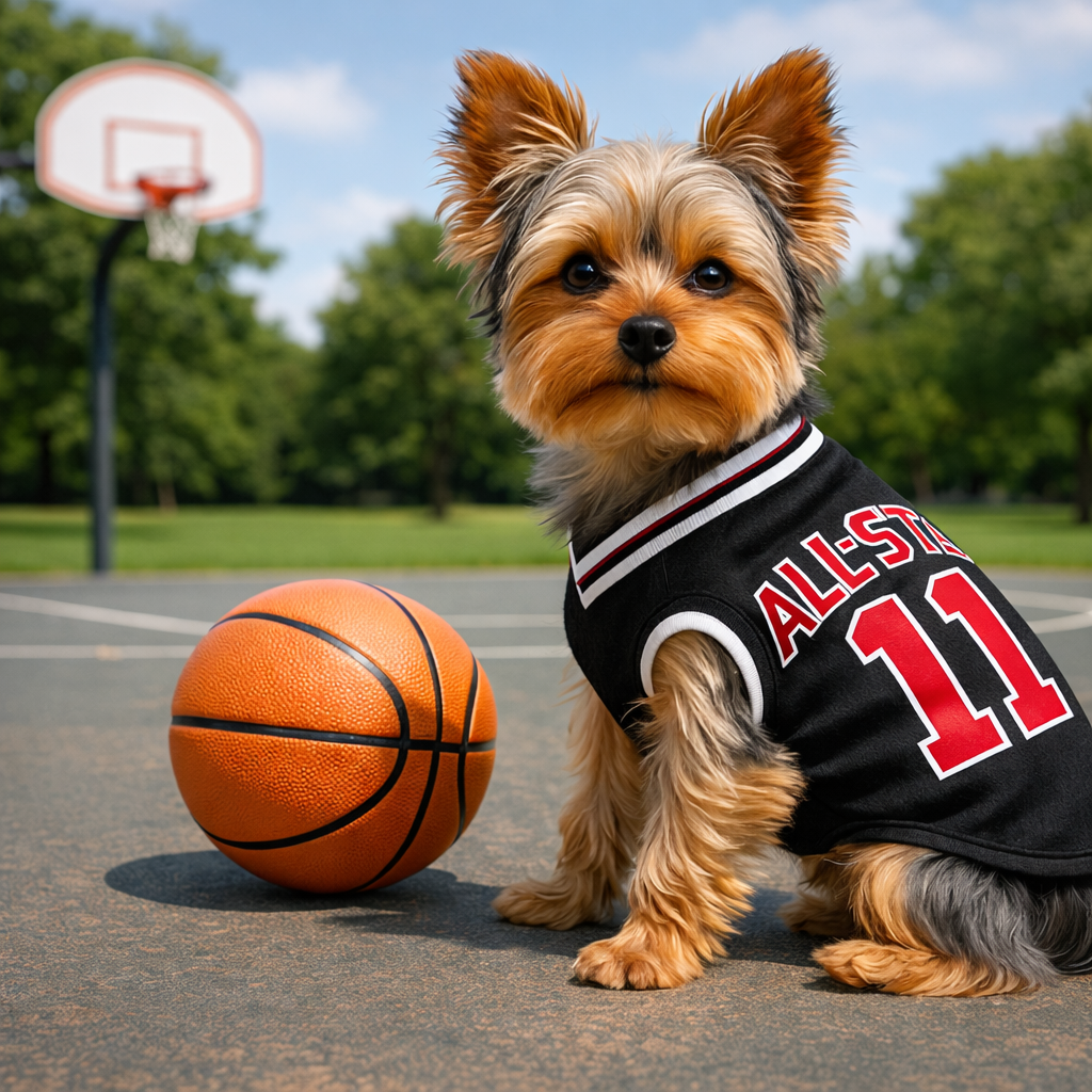Dog in a basketball jersey standing next to a basketball on an outdoor court