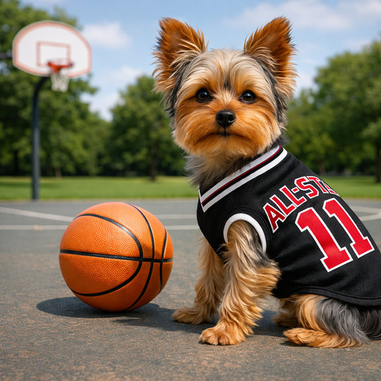 Dog in a basketball jersey standing next to a basketball on an outdoor court