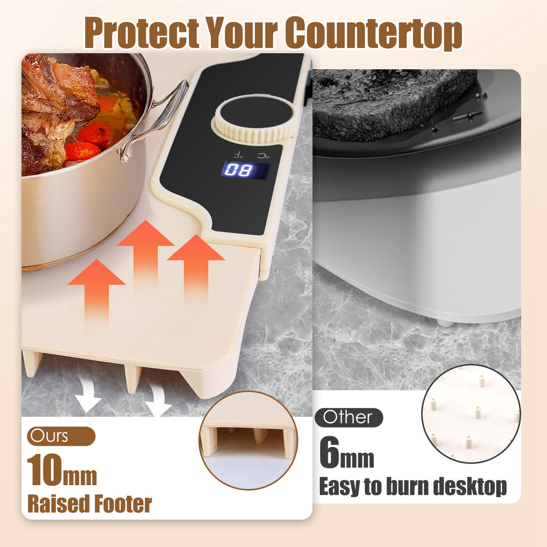 Hot pot with a digital display on a countertop, showing features and benefits.
