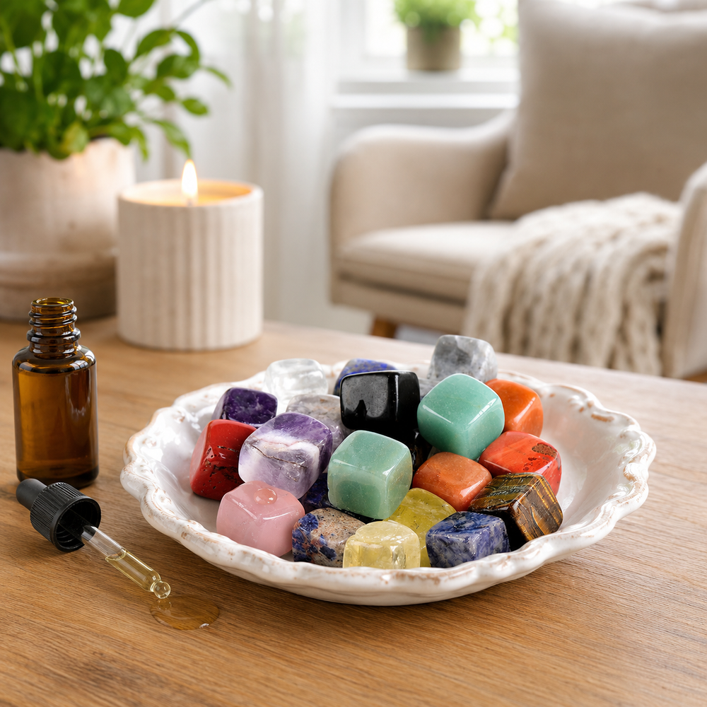 Set of natural crystal aromatherapy diffuser stones in cube shapes from DaDa Bedding Collection, showcasing clear, polished crystal textures.