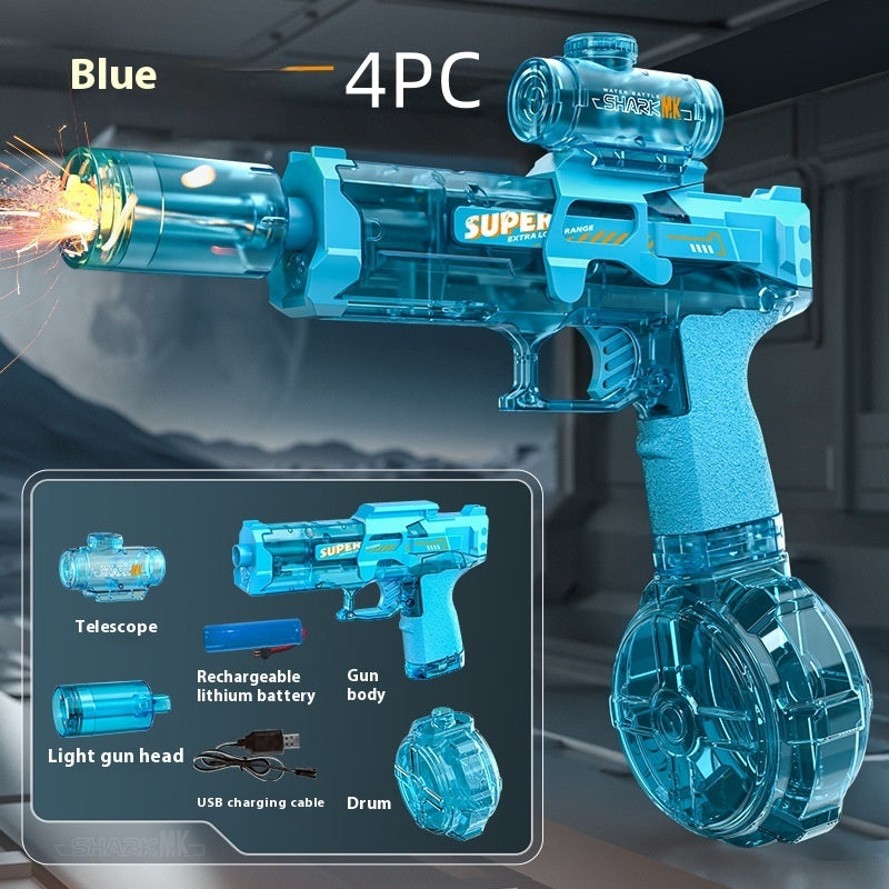 Blue toy gun with components displayed on a dark background