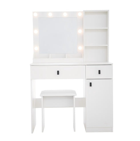 White vanity with mirror, lights, and stool on a white background