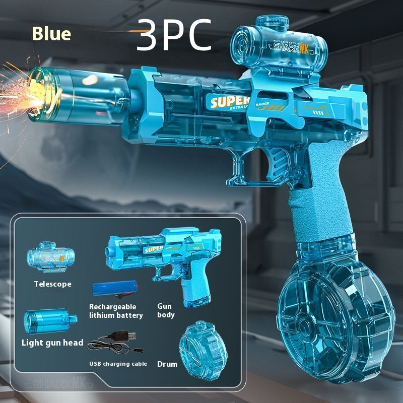 Blue toy gun with components displayed on a dark background