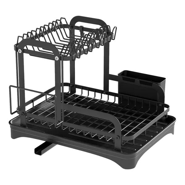 Black dish rack with multiple shelves on a white background