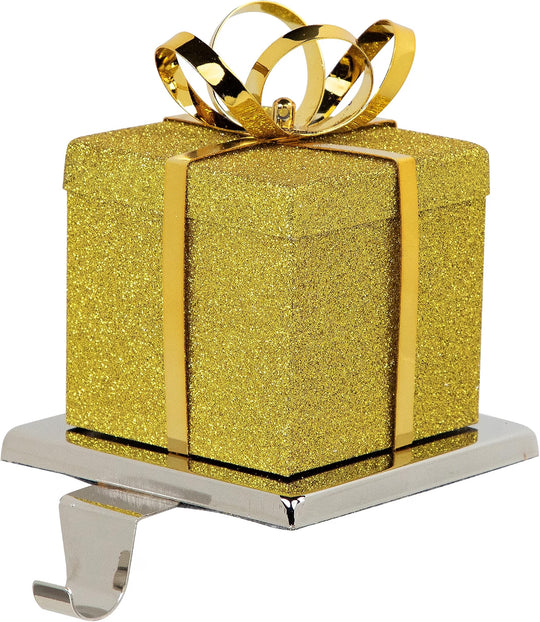 5.5" Glitter Gold and Silver Gift Box Metal Christmas Stocking Holder