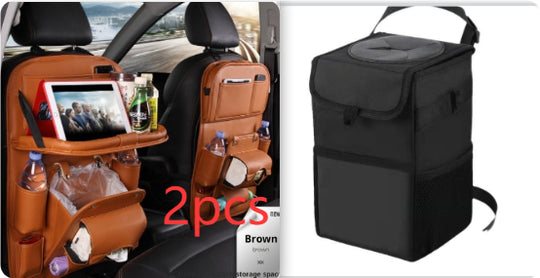 Car organizer with tablet stand and black insulated bag on a white background