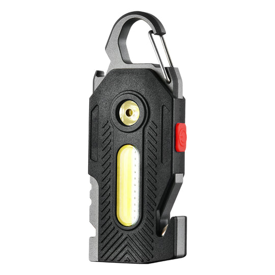 Black work light with carabiner on a white background